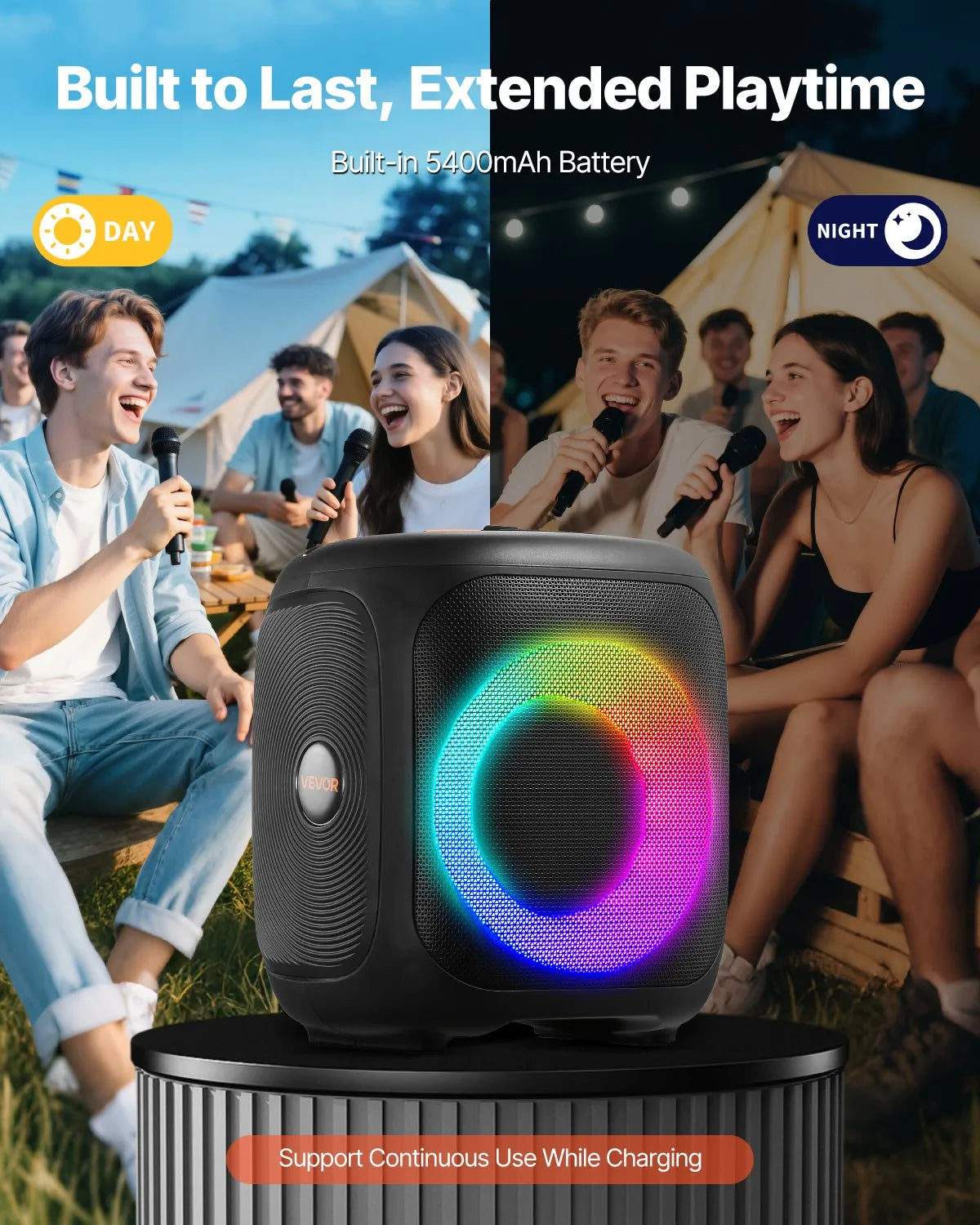 VEVOR Karaoke System 15 W with 4″ Bluetooth Speaker, 2 Wireless Microphones, LED and TWS, Portable