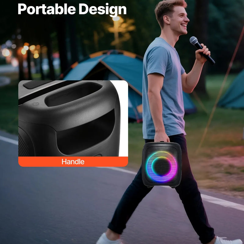 VEVOR karaoke sistēma pieaugušajiem, 15 W, 4'' pārnēsājamais Bluetooth skaļrunis ar 2 bezvadu mikrofoniem, LED apgaismojumu, TWS funkciju un rokturi; atbalsta micro TF karti, USB un AUX, piemērots mājas karaoke ballītēm