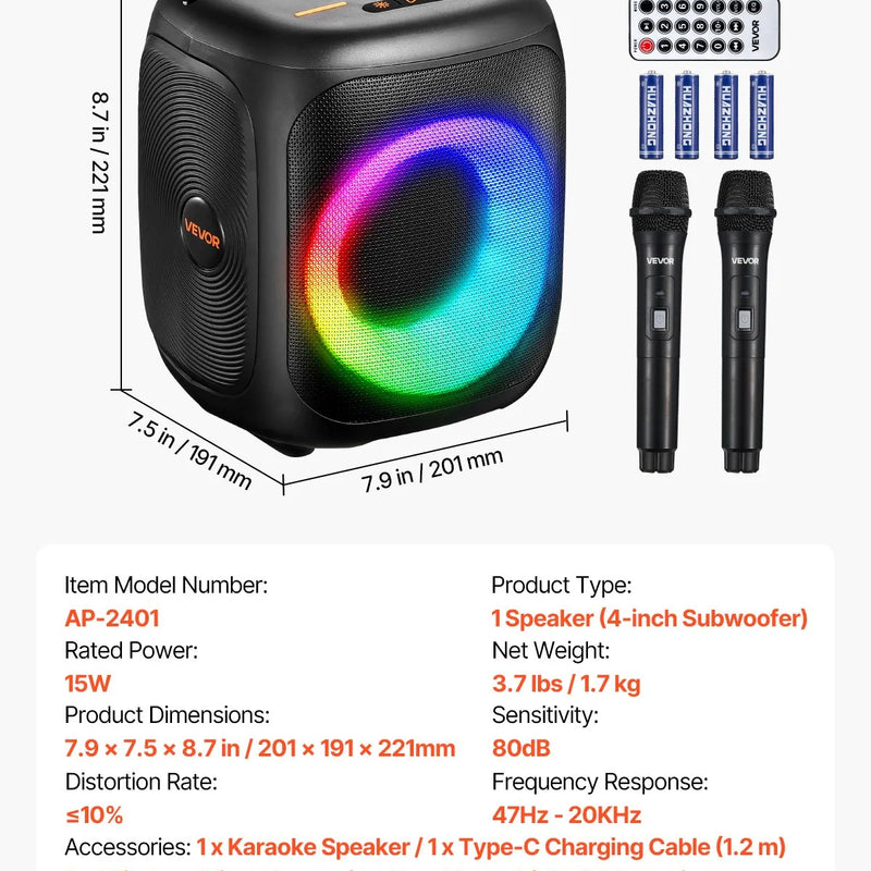 VEVOR karaoke sistēma pieaugušajiem, 15 W, 4'' pārnēsājamais Bluetooth skaļrunis ar 2 bezvadu mikrofoniem, LED apgaismojumu, TWS funkciju un rokturi; atbalsta micro TF karti, USB un AUX, piemērots mājas karaoke ballītēm