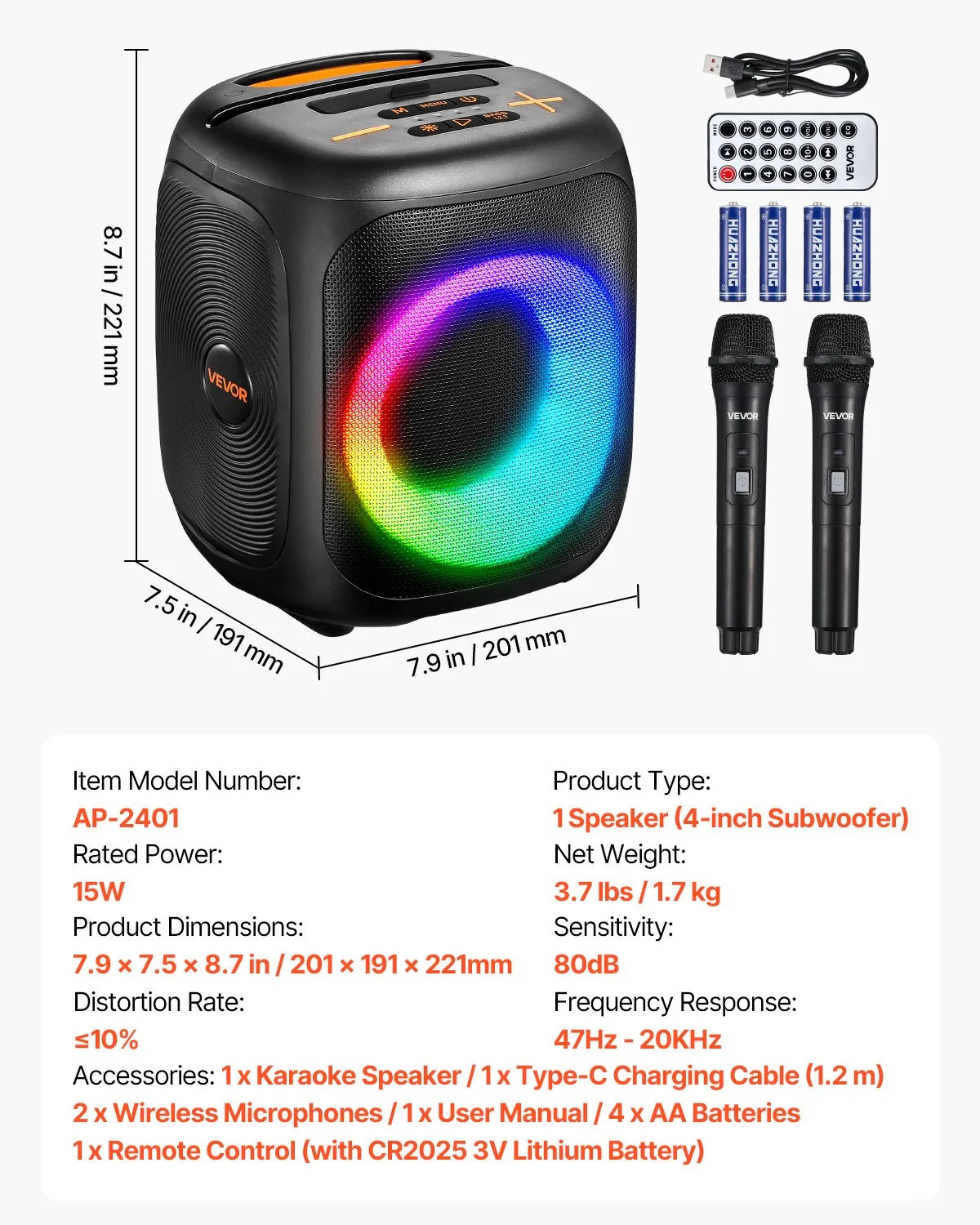 VEVOR Karaoke System 15 W with 4″ Bluetooth Speaker, 2 Wireless Microphones, LED and TWS, Portable