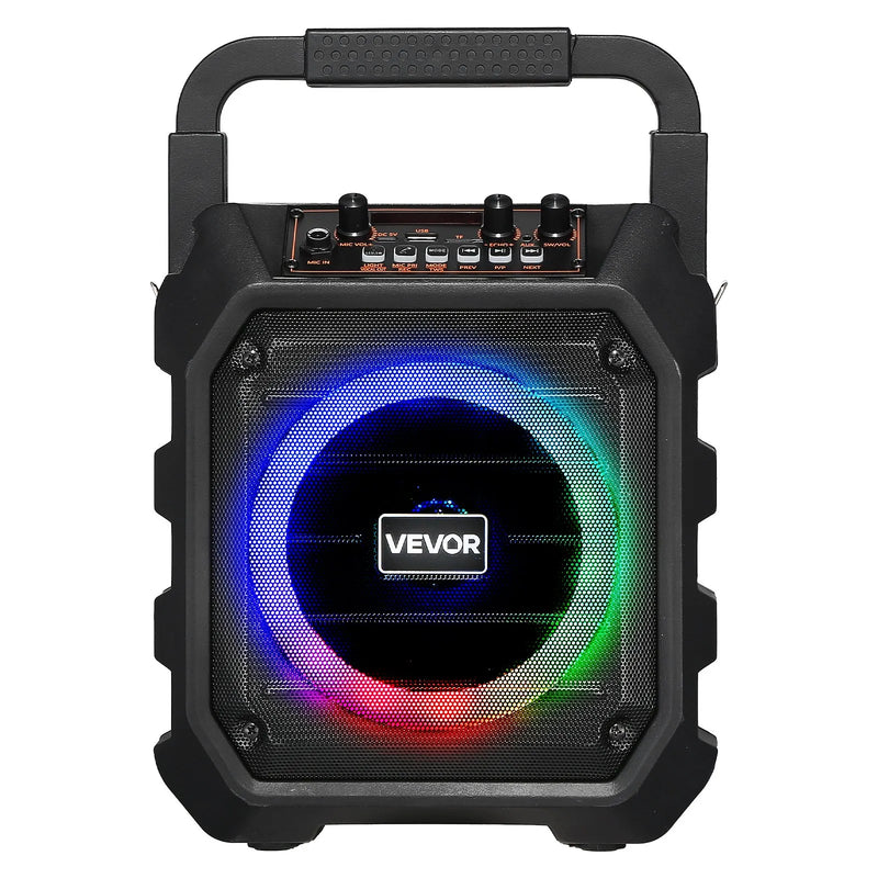 VEVOR pārnēsājamā Bluetooth karaoke ierīce, 20 W, 6,5'' skaļrunis ar 2 bezvadu mikrofoniem, LED apgaismojumu, TWS funkciju, rokturi un plecu siksnu; atbalsta microSD, USB un AUX; piemērota mājas ballītēm