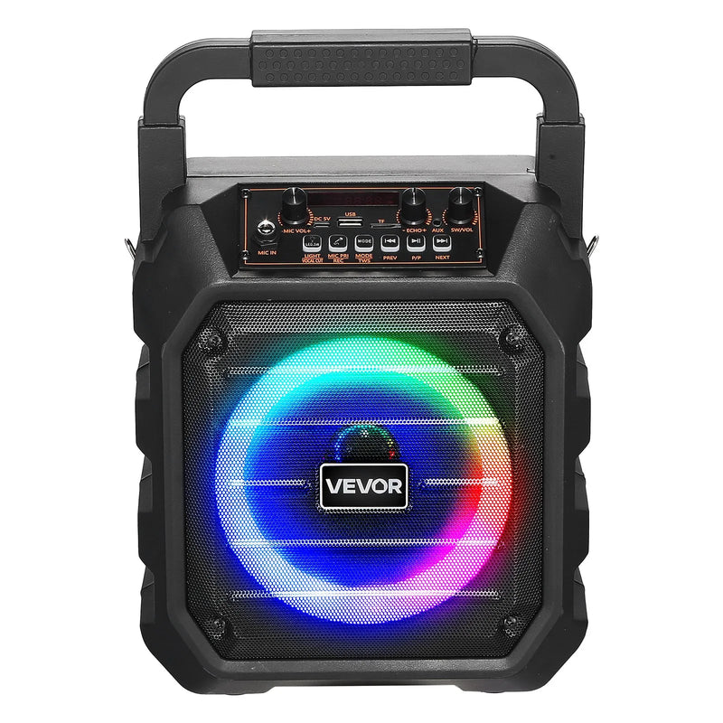 VEVOR pārnēsājamā Bluetooth karaoke ierīce, 20 W, 6,5'' skaļrunis ar 2 bezvadu mikrofoniem, LED apgaismojumu, TWS funkciju, rokturi un plecu siksnu; atbalsta microSD, USB un AUX; piemērota mājas ballītēm