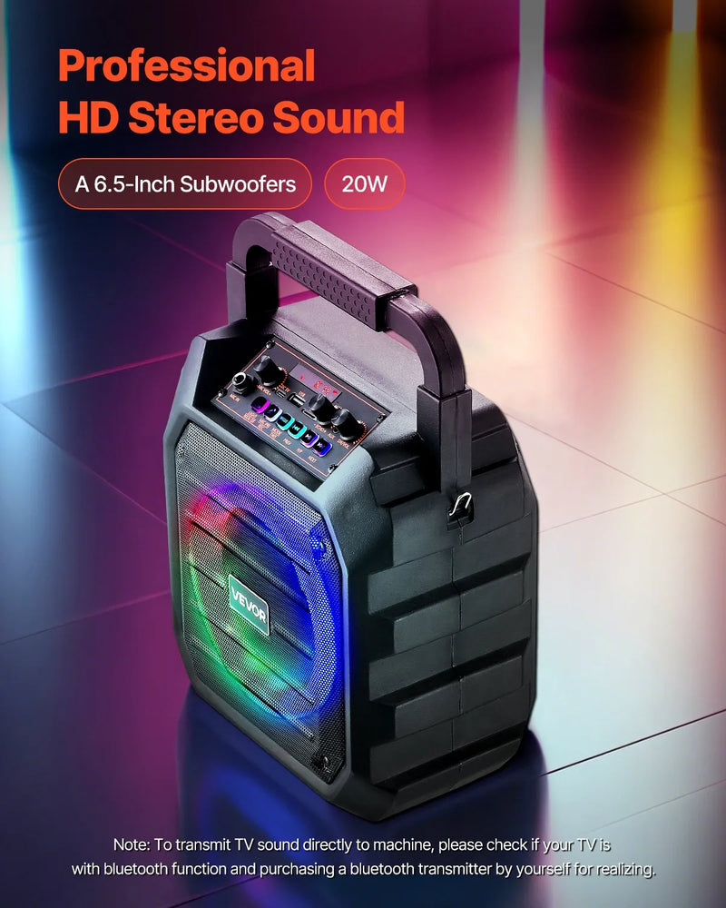 VEVOR pārnēsājamā Bluetooth karaoke ierīce, 20 W, 6,5'' skaļrunis ar 2 bezvadu mikrofoniem, LED apgaismojumu, TWS funkciju, rokturi un plecu siksnu; atbalsta microSD, USB un AUX; piemērota mājas ballītēm