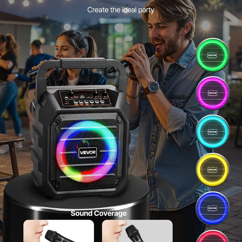 VEVOR pārnēsājamā Bluetooth karaoke ierīce, 20 W, 6,5'' skaļrunis ar 2 bezvadu mikrofoniem, LED apgaismojumu, TWS funkciju, rokturi un plecu siksnu; atbalsta microSD, USB un AUX; piemērota mājas ballītēm