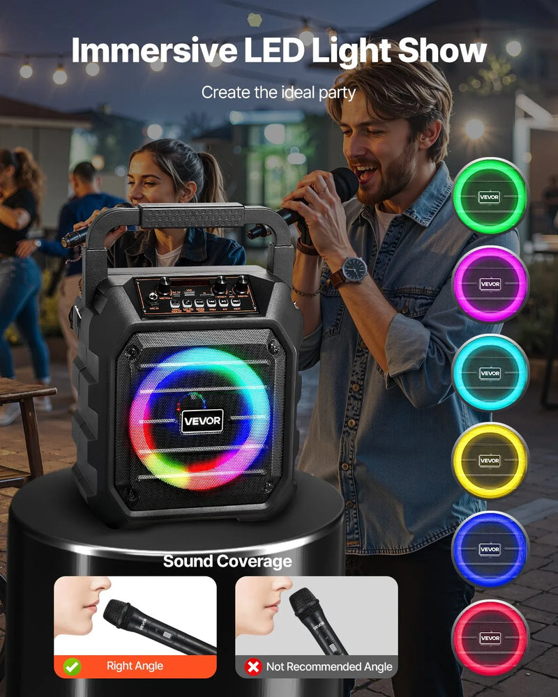 VEVOR pārnēsājamā Bluetooth karaoke ierīce, 20 W, 6,5'' skaļrunis ar 2 bezvadu mikrofoniem, LED apgaismojumu, TWS funkciju, rokturi un plecu siksnu; atbalsta microSD, USB un AUX; piemērota mājas ballītēm