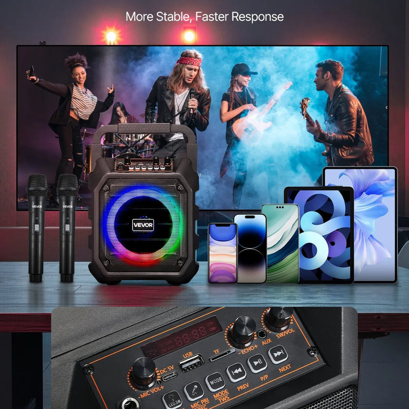 VEVOR pārnēsājamā Bluetooth karaoke ierīce, 20 W, 6,5'' skaļrunis ar 2 bezvadu mikrofoniem, LED apgaismojumu, TWS funkciju, rokturi un plecu siksnu; atbalsta microSD, USB un AUX; piemērota mājas ballītēm