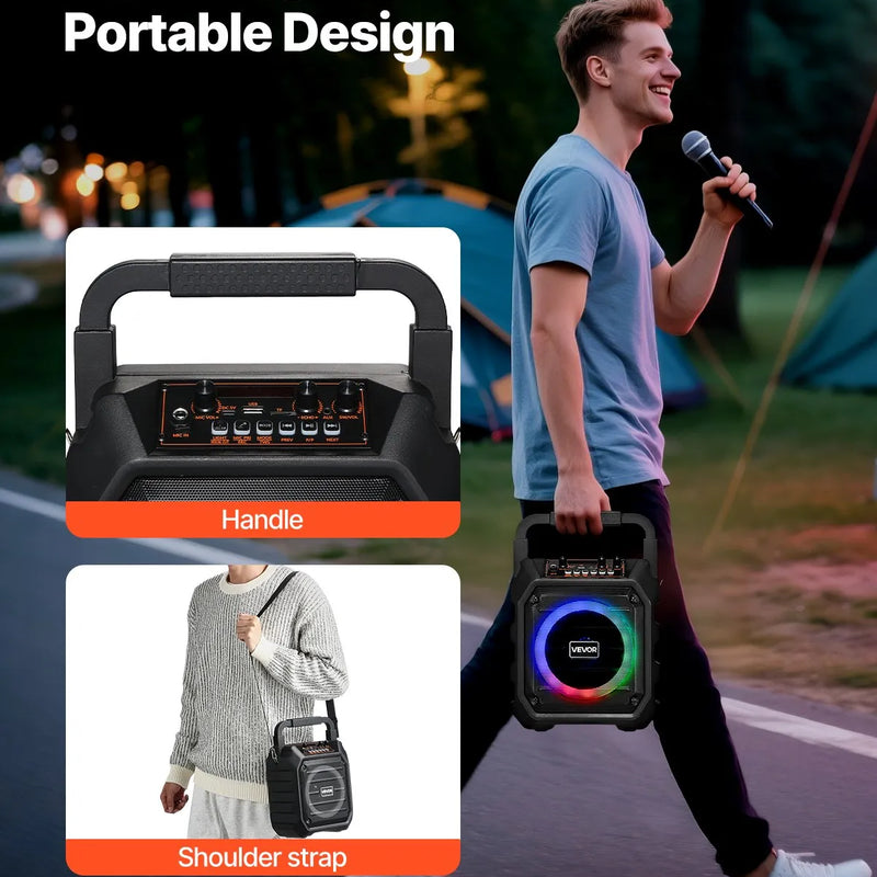 VEVOR pārnēsājamā Bluetooth karaoke ierīce, 20 W, 6,5'' skaļrunis ar 2 bezvadu mikrofoniem, LED apgaismojumu, TWS funkciju, rokturi un plecu siksnu; atbalsta microSD, USB un AUX; piemērota mājas ballītēm
