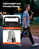 VEVOR pārnēsājamā Bluetooth karaoke ierīce, 20 W, 6,5'' skaļrunis ar 2 bezvadu mikrofoniem, LED apgaismojumu, TWS funkciju, rokturi un plecu siksnu; atbalsta microSD, USB un AUX; piemērota mājas ballītēm