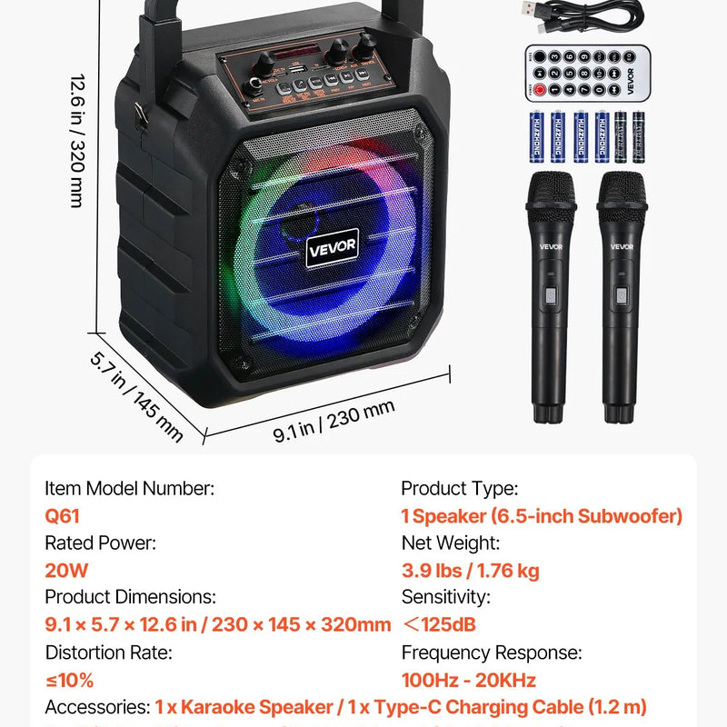 VEVOR pārnēsājamā Bluetooth karaoke ierīce, 20 W, 6,5'' skaļrunis ar 2 bezvadu mikrofoniem, LED apgaismojumu, TWS funkciju, rokturi un plecu siksnu; atbalsta microSD, USB un AUX; piemērota mājas ballītēm