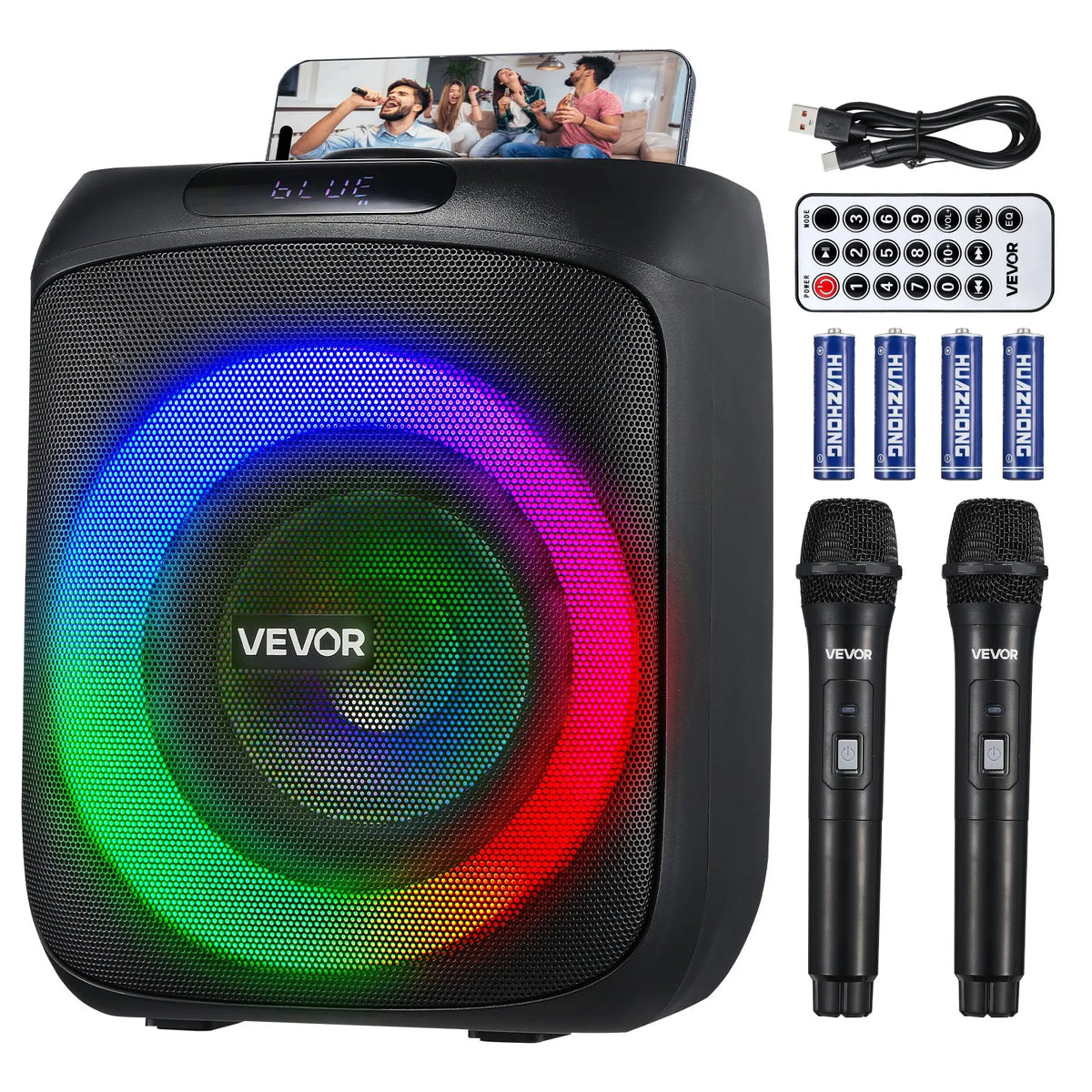 VEVOR karaoke sistēma 30 W ar 6,5″ Bluetooth skaļruni, 2 bezvadu mikrofoniem, LED un TWS, pārnēsājama