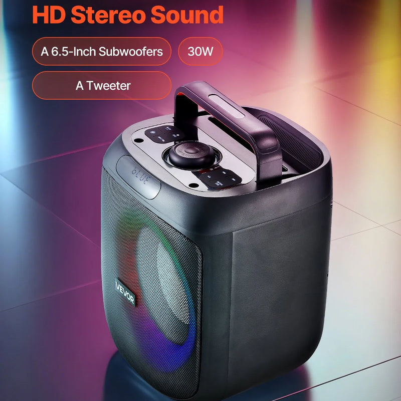 VEVOR karaoke sistēma pieaugušajiem, 30 W, 6.5'' pārnēsājamais Bluetooth skaļrunis ar 2 bezvadu mikrofoniem, LED apgaismojumu, TWS funkciju un rokturi; atbalsta micro TF karti, USB un AUX