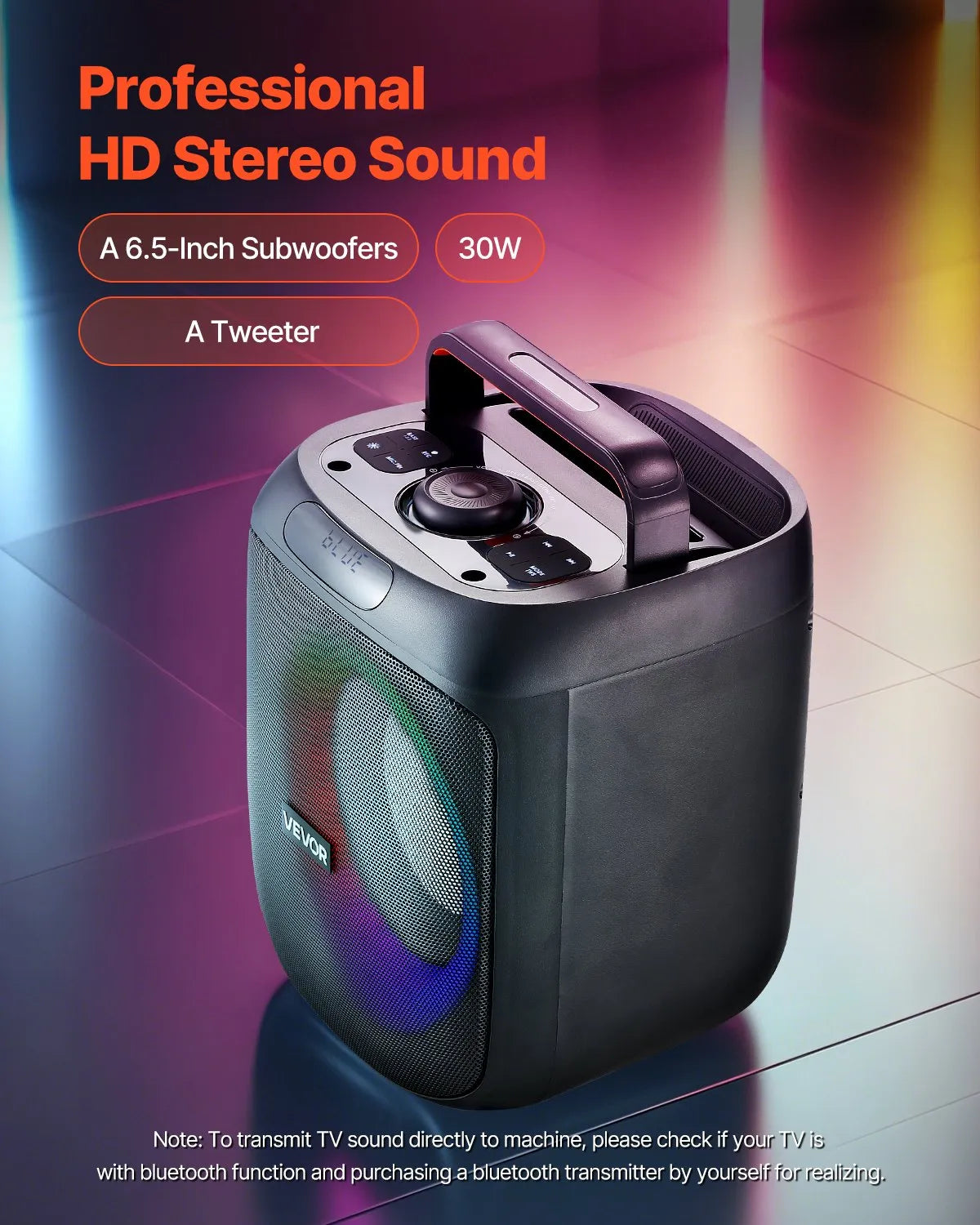 VEVOR karaoke sistēma 30 W ar 6,5″ Bluetooth skaļruni, 2 bezvadu mikrofoniem, LED un TWS, pārnēsājama