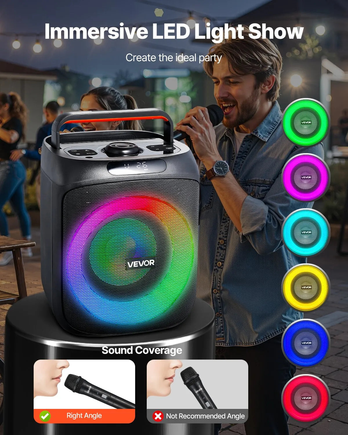 VEVOR karaoke sistēma 30 W ar 6,5″ Bluetooth skaļruni, 2 bezvadu mikrofoniem, LED un TWS, pārnēsājama