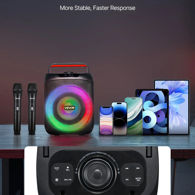 VEVOR karaoke sistēma pieaugušajiem, 30 W, 6.5'' pārnēsājamais Bluetooth skaļrunis ar 2 bezvadu mikrofoniem, LED apgaismojumu, TWS funkciju un rokturi; atbalsta micro TF karti, USB un AUX