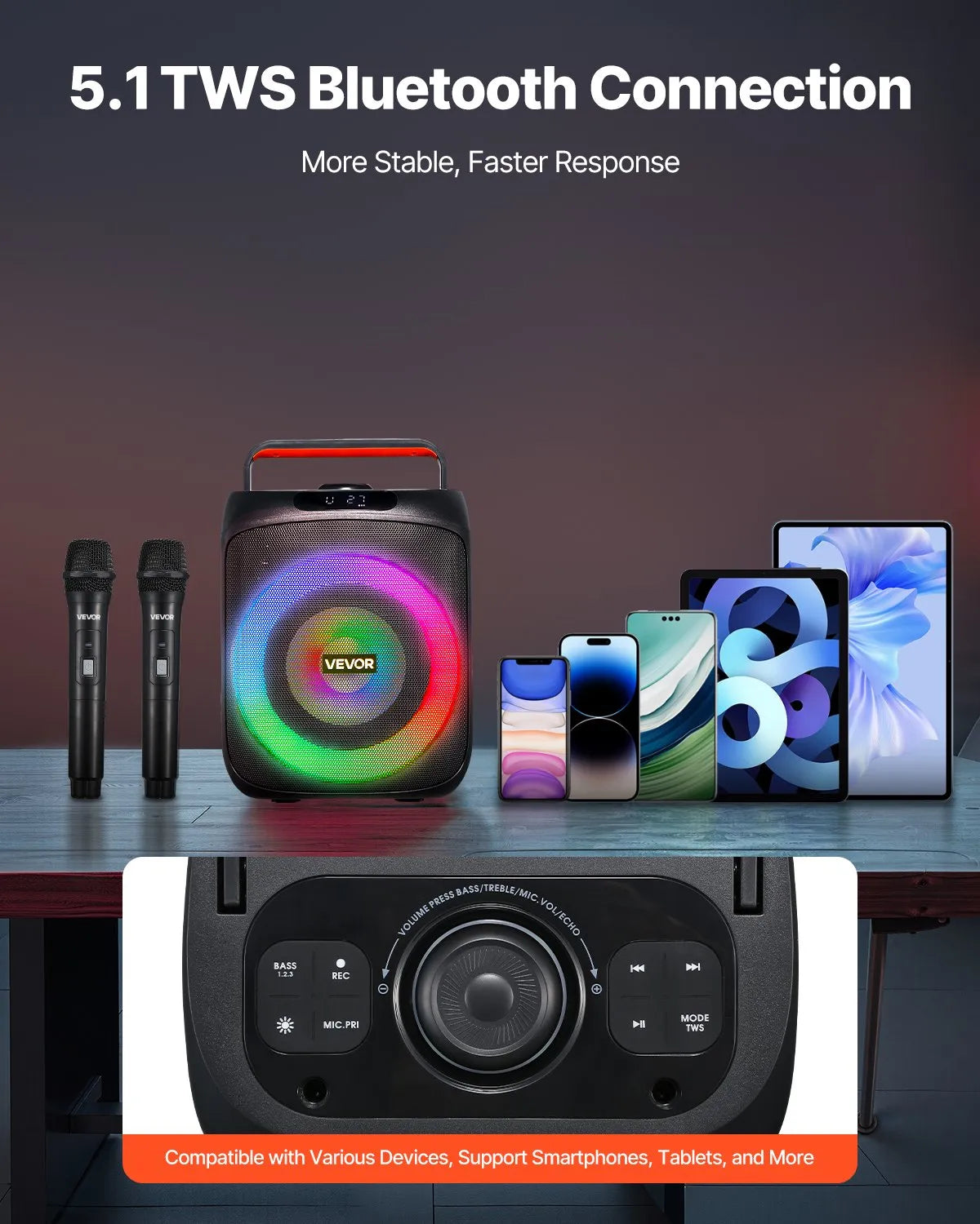 VEVOR karaoke sistēma 30 W ar 6,5″ Bluetooth skaļruni, 2 bezvadu mikrofoniem, LED un TWS, pārnēsājama