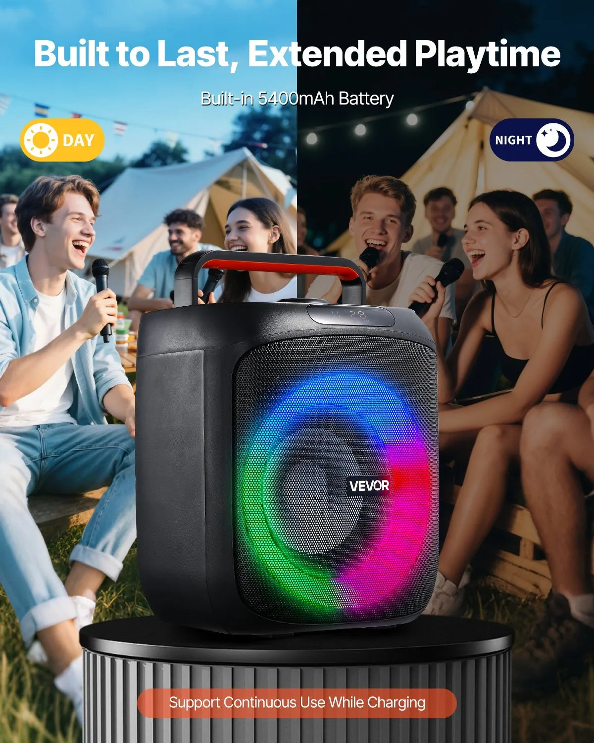 VEVOR karaoke sistēma 30 W ar 6,5″ Bluetooth skaļruni, 2 bezvadu mikrofoniem, LED un TWS, pārnēsājama