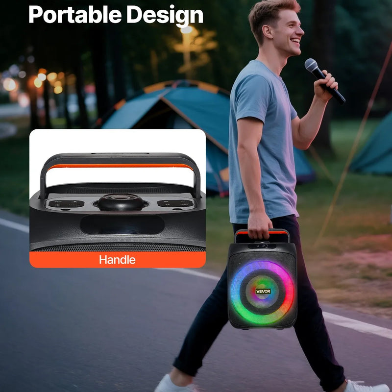 VEVOR karaoke sistēma pieaugušajiem, 30 W, 6.5'' pārnēsājamais Bluetooth skaļrunis ar 2 bezvadu mikrofoniem, LED apgaismojumu, TWS funkciju un rokturi; atbalsta micro TF karti, USB un AUX