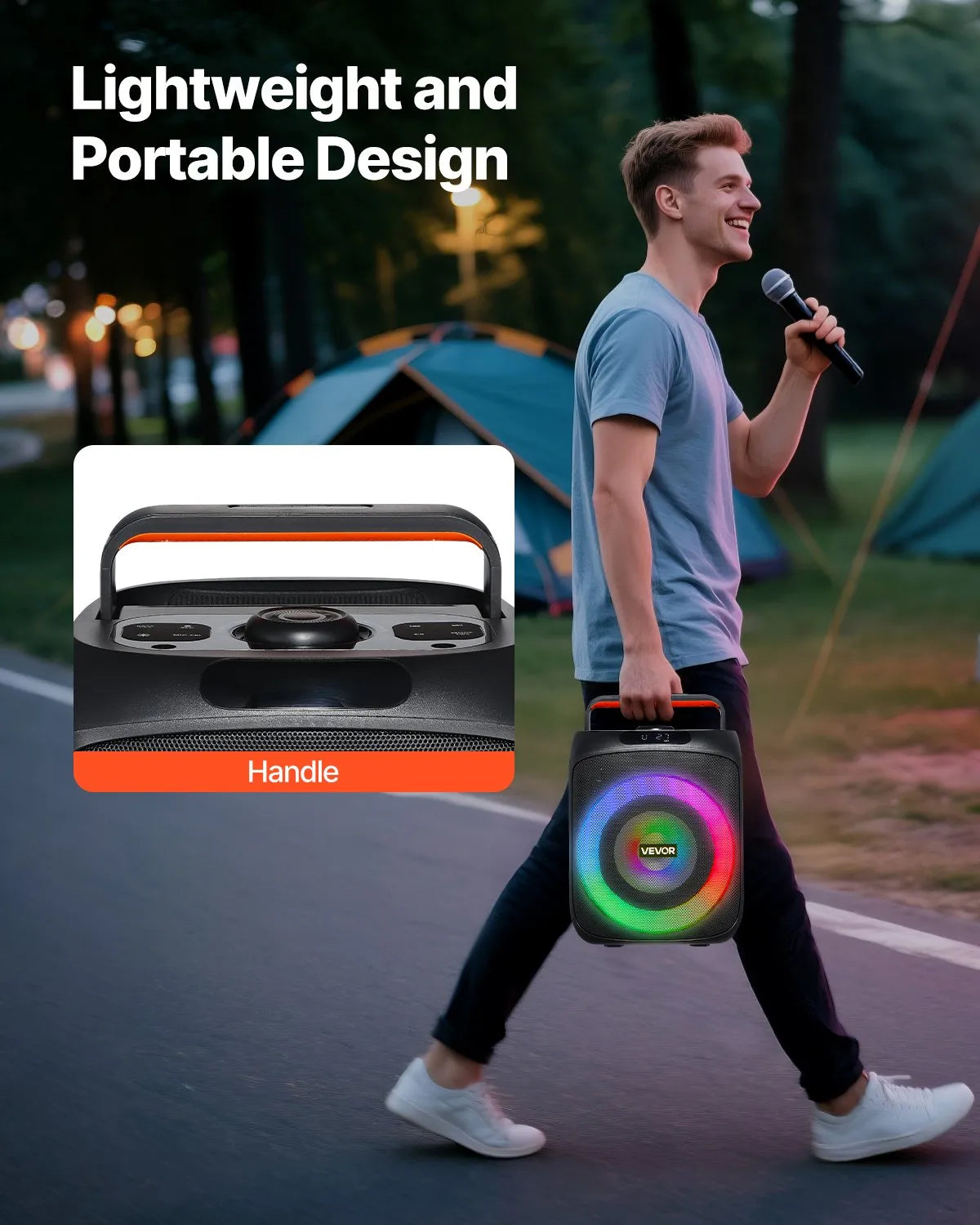 VEVOR karaoke sistēma 30 W ar 6,5″ Bluetooth skaļruni, 2 bezvadu mikrofoniem, LED un TWS, pārnēsājama