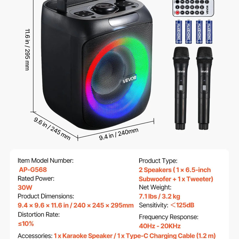 VEVOR karaoke sistēma pieaugušajiem, 30 W, 6.5'' pārnēsājamais Bluetooth skaļrunis ar 2 bezvadu mikrofoniem, LED apgaismojumu, TWS funkciju un rokturi; atbalsta micro TF karti, USB un AUX