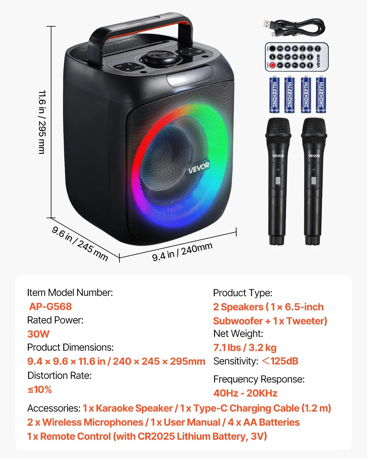 VEVOR karaoke sistēma 30 W ar 6,5″ Bluetooth skaļruni, 2 bezvadu mikrofoniem, LED un TWS, pārnēsājama