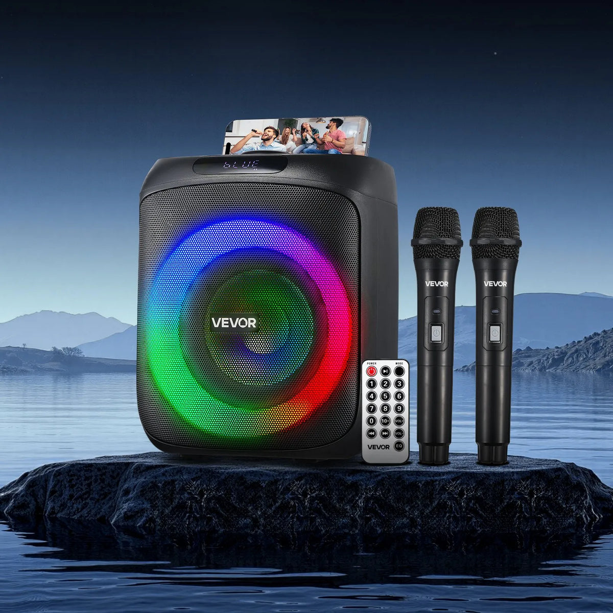 VEVOR karaoke sistēma 30 W ar 6,5″ Bluetooth skaļruni, 2 bezvadu mikrofoniem, LED un TWS, pārnēsājama