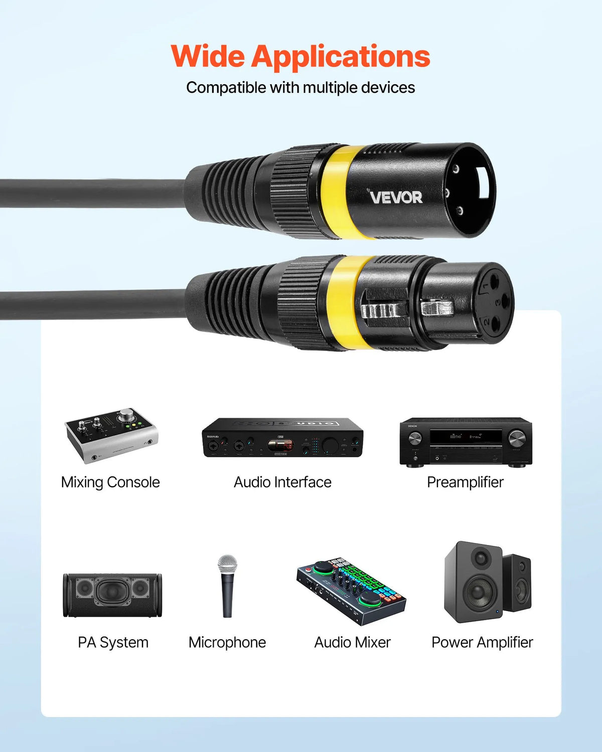 VEVOR XLR Cable 30.48 m, 2 pcs, Shielded Balanced DMX 3-pin with Gold-plated Connectors