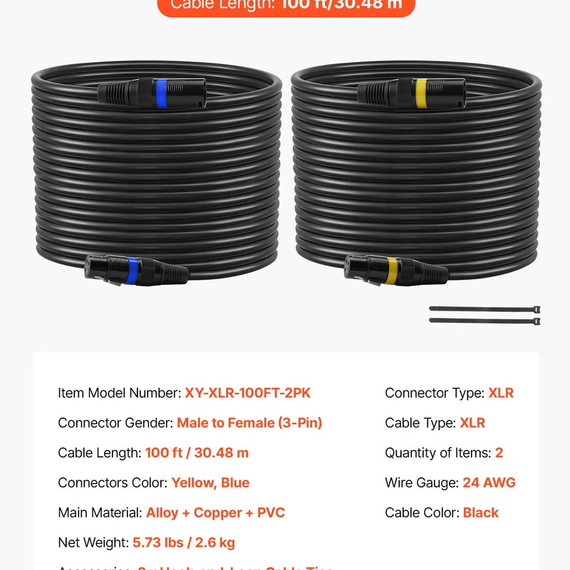 VEVOR XLR kabelis 30,48 m, 2 gab., ekranēts balansēts DMX 3-pin vīriešu–sieviešu mikrofona kabelis ar apzeltītiem kontaktiem, skatuves apgaismojumam, mikrofoniem, pastiprinātājiem, mikseriem un skaļruņu sistēmām