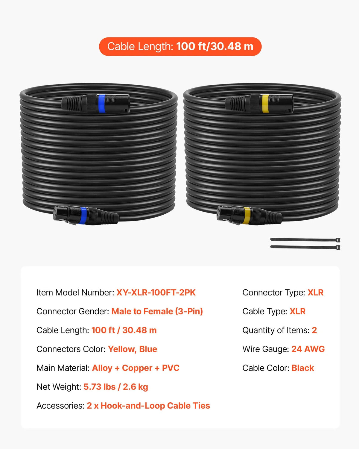 VEVOR XLR Cable 30.48 m, 2 pcs, Shielded Balanced DMX 3-pin with Gold-plated Connectors