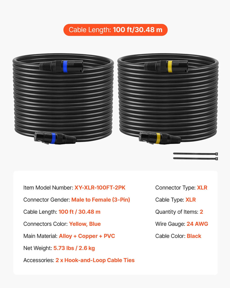 VEVOR XLR kabelis 30,48 m, 2 gab., ekranēts balansēts DMX 3-pin vīriešu–sieviešu mikrofona kabelis ar apzeltītiem kontaktiem, skatuves apgaismojumam, mikrofoniem, pastiprinātājiem, mikseriem un skaļruņu sistēmām