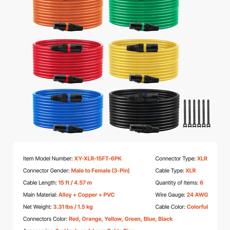 VEVOR 4.57 m XLR kabelis, 6 gab., ekranēti balansētie 3-pin XLR vīriešu–sieviešu mikrofona kabeļi ar zelta pārklājuma savienotājiem, piemēroti skatuves apgaismojumam, mikrofoniem, pastiprinātājiem, mikseriem un skaļruņu sistēmām