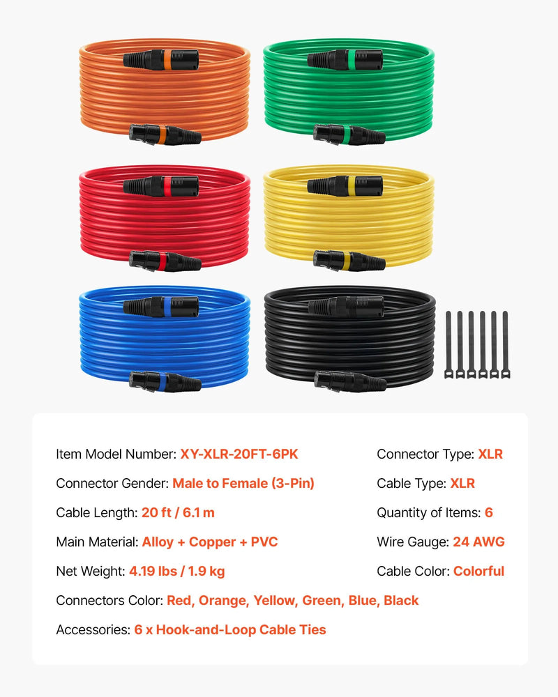 VEVOR XLR kabelis 6,1 m, 6 gab., ekranēts balansētais DMX 3-pin vīriešu–sieviešu mikrofona kabelis ar apzeltītiem kontaktiem, piemērots skatuves apgaismojumam, mikrofoniem, pastiprinātājiem, mikseriem un skaļruņu sistēmām