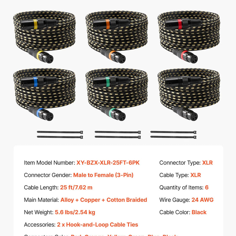 VEVOR XLR kabelis 7,62 m, 6 gab., ekranēts balansētais DMX 3 kontaktu vīriešu–sieviešu mikrofona kabelis ar zeltītiem kontaktiem, piemērots skatuves apgaismojumam, mikrofoniem, pastiprinātājiem, mikseriem un skaļruņu sistēmām
