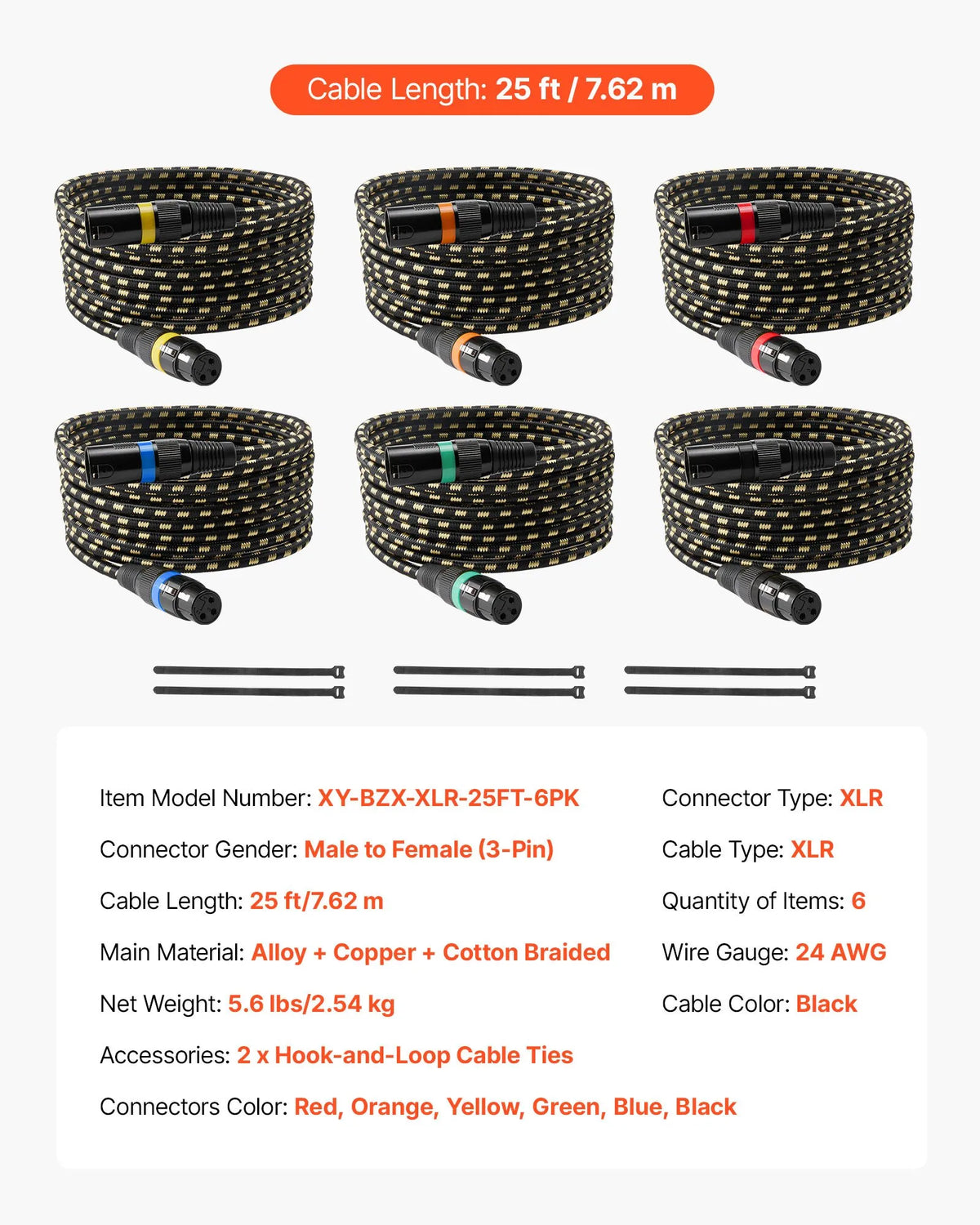 VEVOR XLR Cable 7.62 m, 6 pcs, Shielded Balanced DMX 3-pin with Gold-plated Connectors