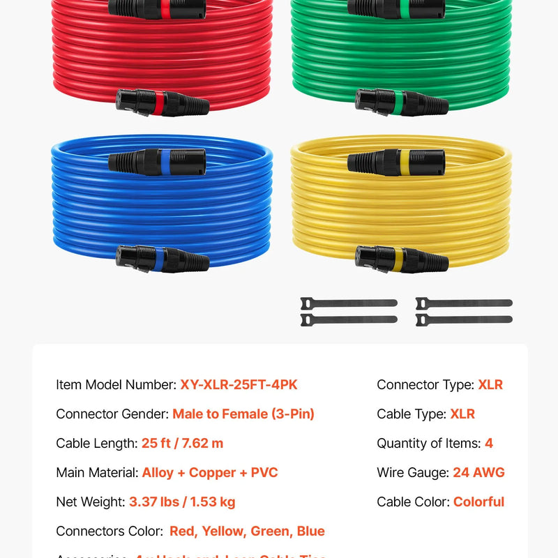 VEVOR XLR kabelis, 7,62 m, 4 gab., ekranēts balansēts DMX savienojums ar 3 kontaktu pozīciju zelta pārklājuma spraudņiem, piemērots mikrofonu, pastiprinātāju, mikseru un skatuves apgaismojuma sistēmām