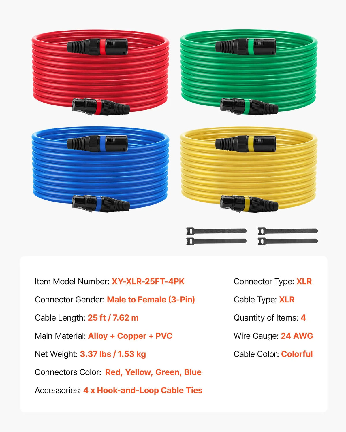 VEVOR XLR Cable 7.62 m, 4 pcs, Shielded Balanced DMX 3-pin with Gold-plated Contacts
