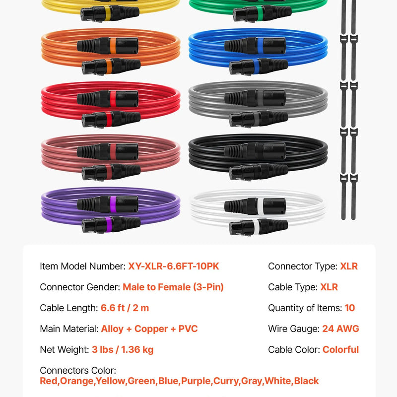 VEVOR 2 m XLR kabelis, 10 gab., ekranēti balansētie 3-pin XLR vīriešu–sieviešu mikrofona kabeļi ar zelta pārklājumu, piemēroti skatuves apgaismojumam, mikrofoniem, pastiprinātājiem, mikseriem un skaļruņu sistēmām