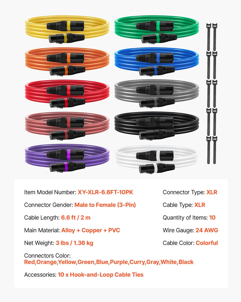 VEVOR 2 m XLR kabelis, 10 gab., ekranēti balansētie 3-pin XLR vīriešu–sieviešu mikrofona kabeļi ar zelta pārklājumu, piemēroti skatuves apgaismojumam, mikrofoniem, pastiprinātājiem, mikseriem un skaļruņu sistēmām