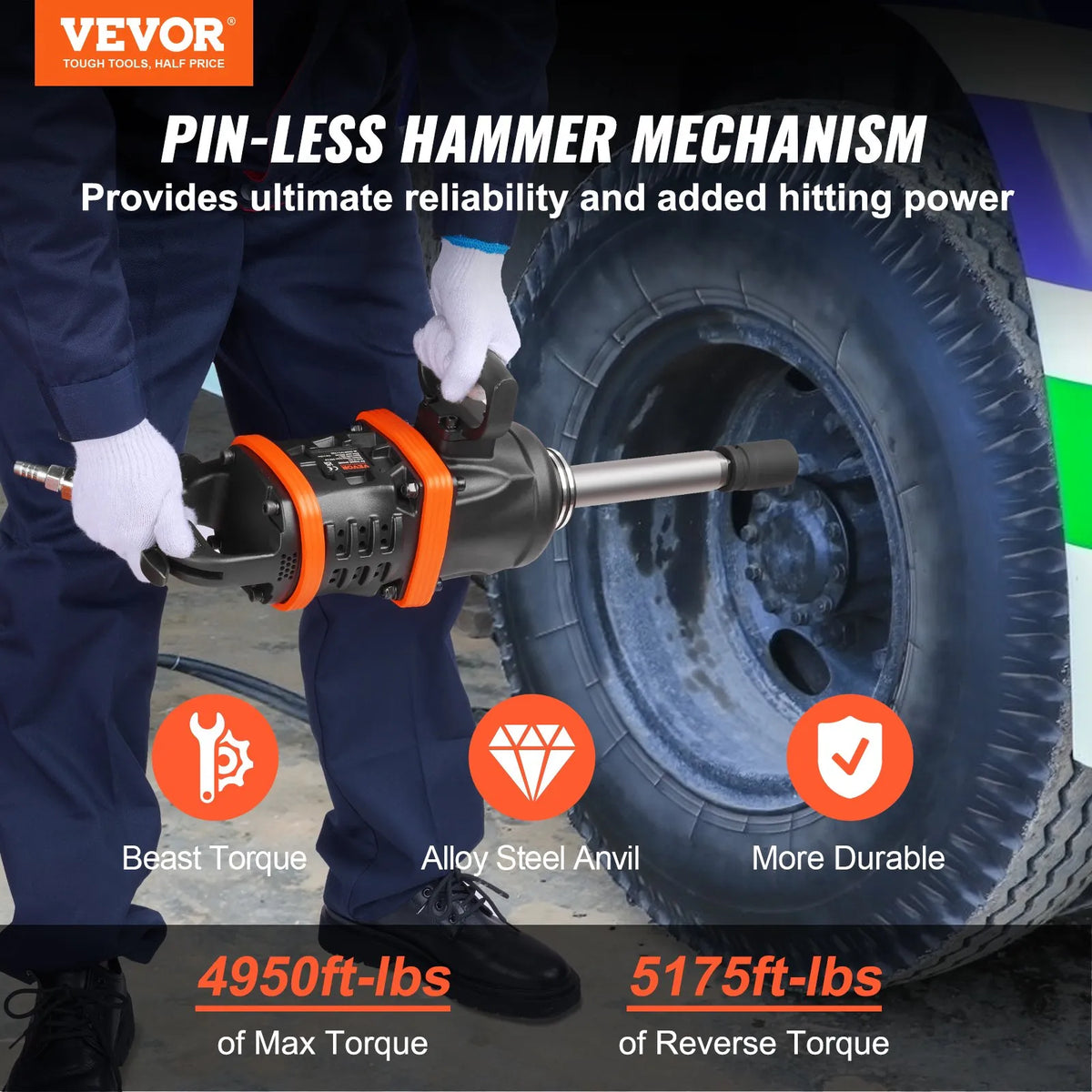 VEVOR Pneumatic Impact Wrench 1" (25 mm), 7016 Nm, with 200 mm Extended Shaft, for Trucks and Buses