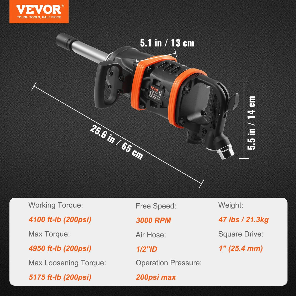 VEVOR Pneumatic Impact Wrench 1" (25 mm), 7016 Nm, with 200 mm Extended Shaft, for Trucks and Buses