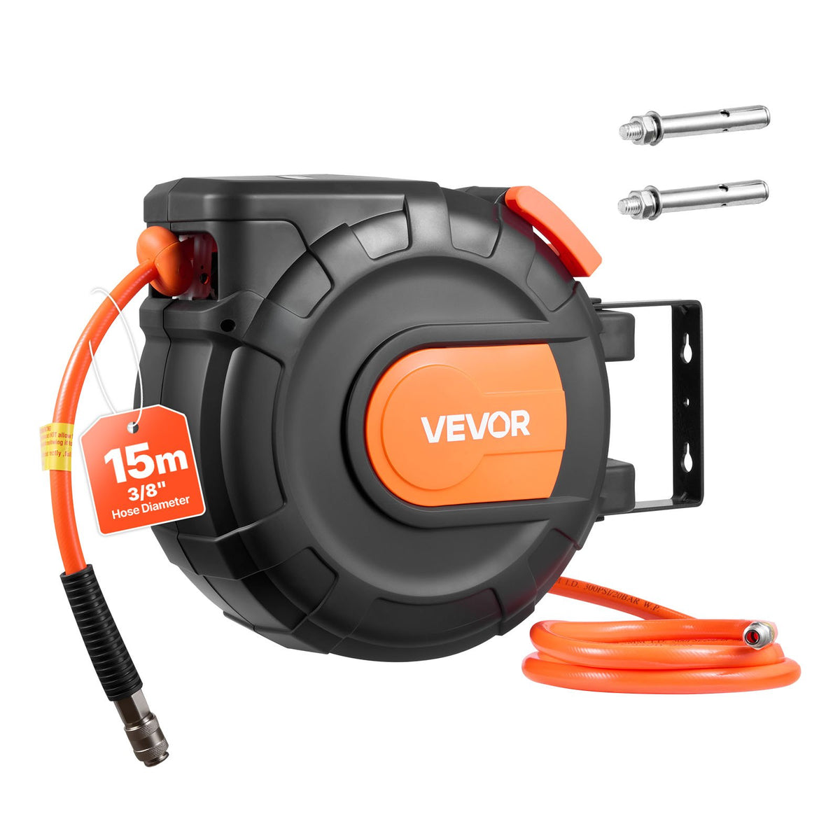 VEVOR Automatic Retractable Air Hose Reel, 15 m × 9.5 mm PVC Air Hose, Max Pressure 20.7 bar, Enclosed Air Compressor Hose Reel with Auto Rewind, 1 m Supply Hose, 180° Swivel Wall/Ceiling Mount for Garages and Workshops