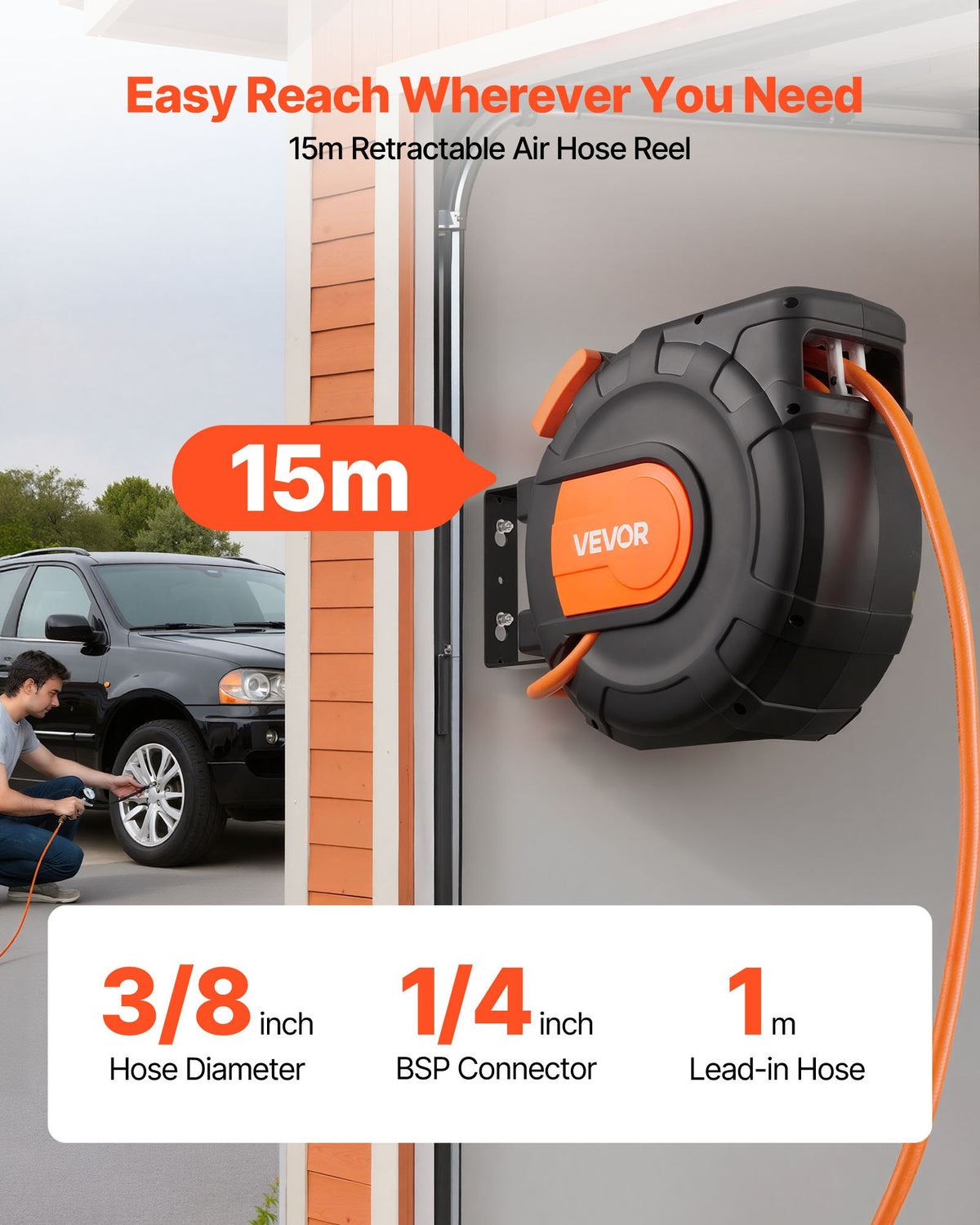 VEVOR Automatic Retractable Air Hose Reel, 15 m × 9.5 mm PVC Air Hose, Max Pressure 20.7 bar, Enclosed Air Compressor Hose Reel with Auto Rewind, 1 m Supply Hose, 180° Swivel Wall/Ceiling Mount for Garages and Workshops