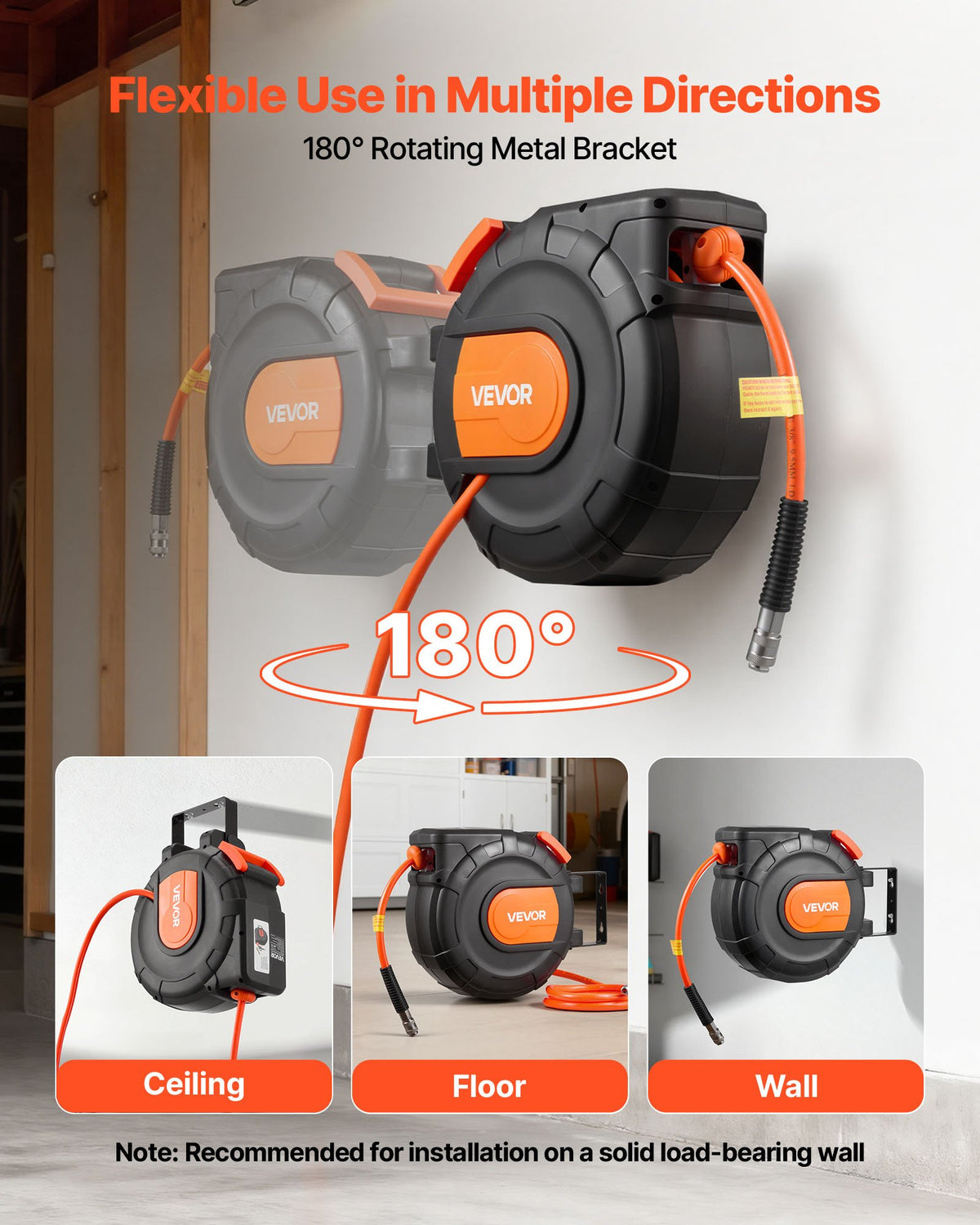 VEVOR Automatic Retractable Air Hose Reel, 15 m × 9.5 mm PVC Air Hose, Max Pressure 20.7 bar, Enclosed Air Compressor Hose Reel with Auto Rewind, 1 m Supply Hose, 180° Swivel Wall/Ceiling Mount for Garages and Workshops