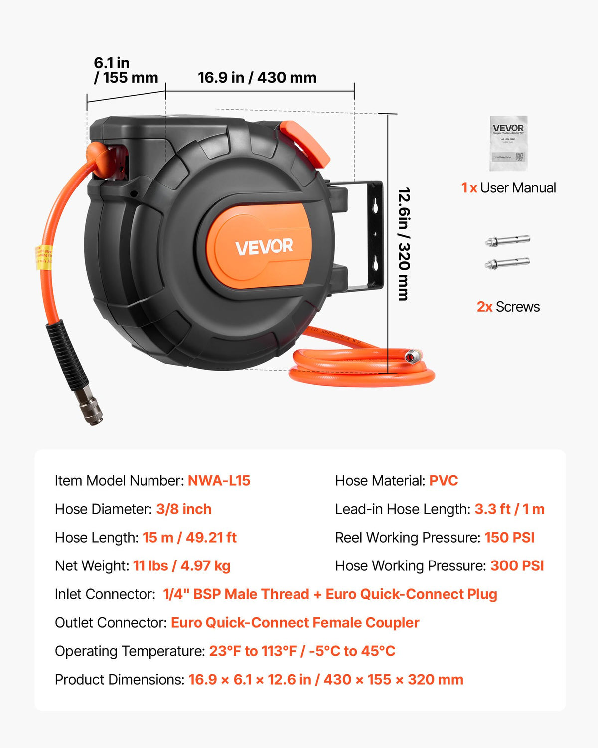 VEVOR Automatic Retractable Air Hose Reel, 15 m × 9.5 mm PVC Air Hose, Max Pressure 20.7 bar, Enclosed Air Compressor Hose Reel with Auto Rewind, 1 m Supply Hose, 180° Swivel Wall/Ceiling Mount for Garages and Workshops