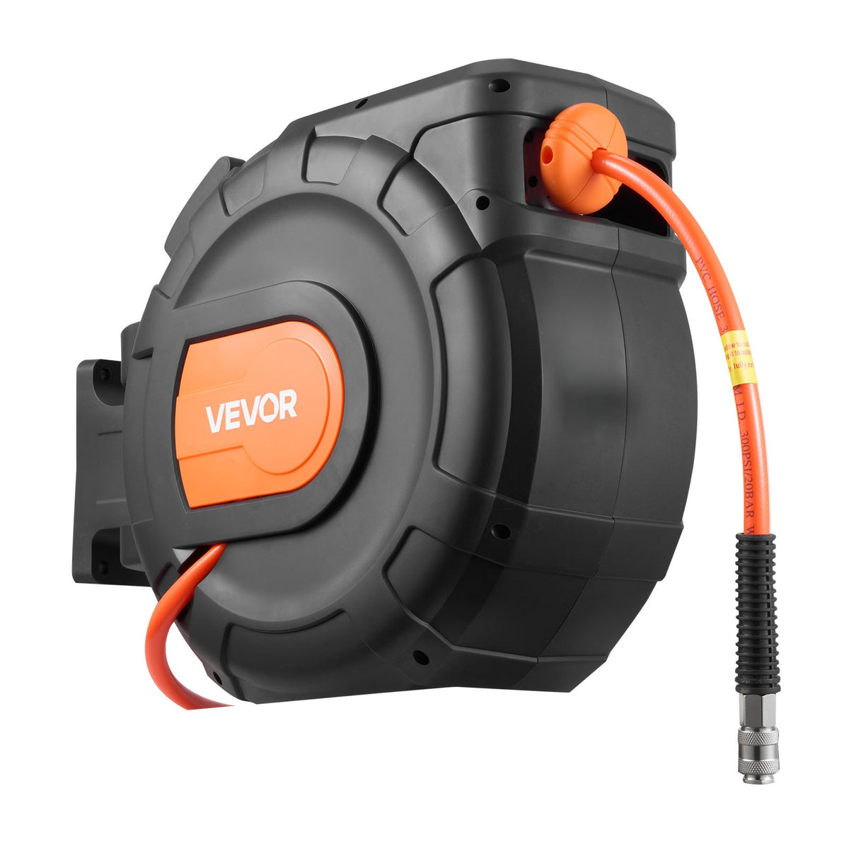 VEVOR izvelkams gaisa šļūtenes ruļļa mehānisms, 30 m × 9,5 mm PVC gaisa šļūtene ar automātisku uztīšanu, līdz 20,7 bar, 2 m pievades šļūtene, 180° grozāms sienas stiprinājums garāžām un darbnīcām