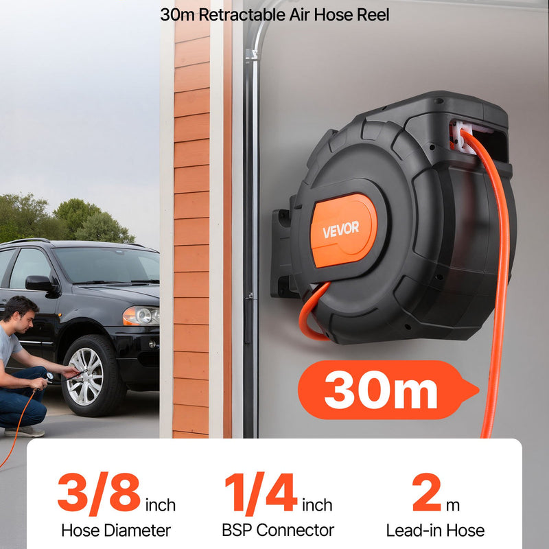 VEVOR izvelkams gaisa šļūtenes ruļļa mehānisms, 30 m × 9,5 mm PVC gaisa šļūtene ar automātisku uztīšanu, līdz 20,7 bar, 2 m pievades šļūtene, 180° grozāms sienas stiprinājums garāžām un darbnīcām