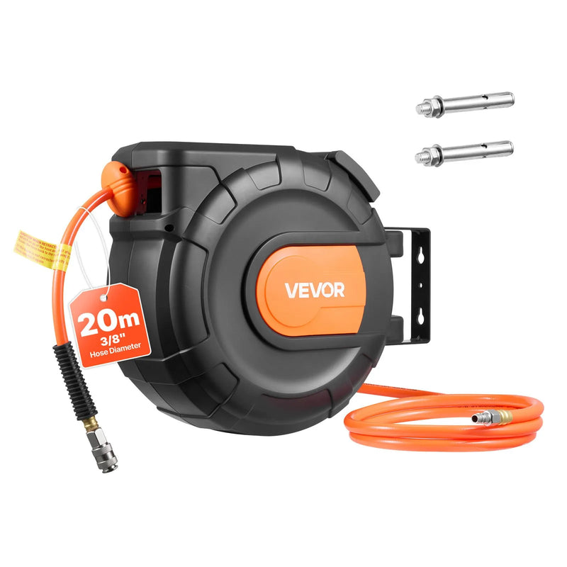 VEVOR automātiski uztinams gaisa šļūtenes rullis, 20 m × 9,5 mm PVC gaisa šļūtene, maks. spiediens 20,7 bar, slēgts gaisa kompresora šļūtenes rullis ar automātisko uztīšanu, 2 m pievades šļūtene, 180° grozāma sienas/griestu montāža garāžām un darbnīcām