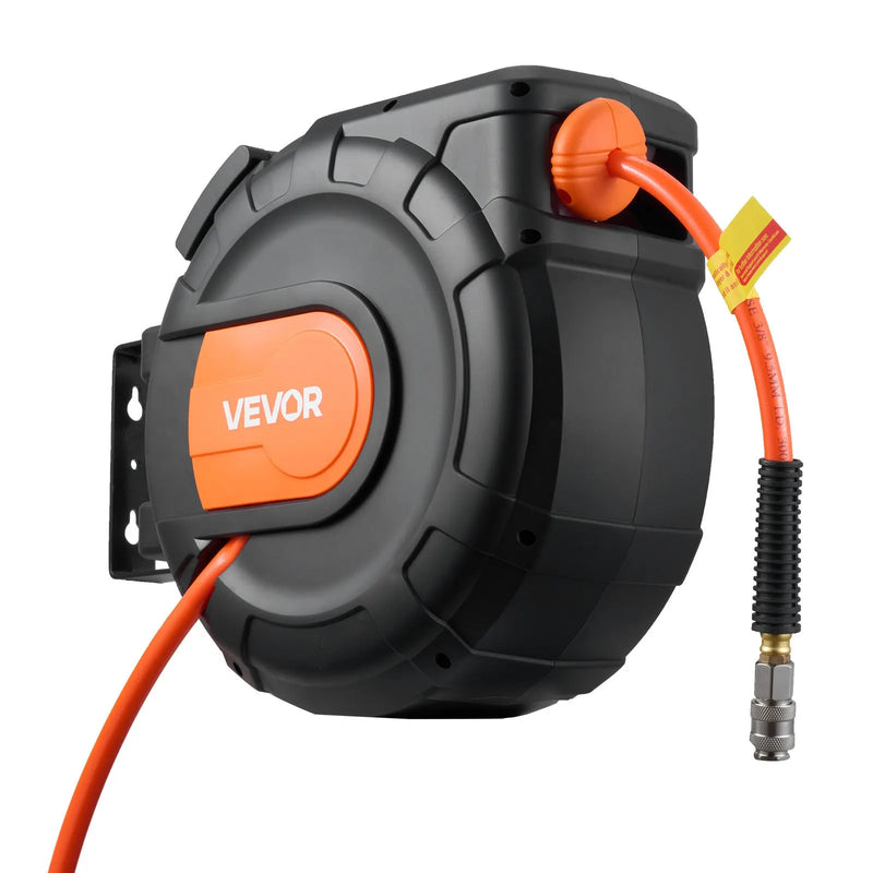 VEVOR automātiski uztinams gaisa šļūtenes rullis, 20 m × 9,5 mm PVC gaisa šļūtene, maks. spiediens 20,7 bar, slēgts gaisa kompresora šļūtenes rullis ar automātisko uztīšanu, 2 m pievades šļūtene, 180° grozāma sienas/griestu montāža garāžām un darbnīcām