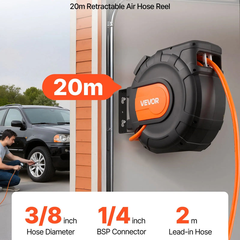 VEVOR automātiski uztinams gaisa šļūtenes rullis, 20 m × 9,5 mm PVC gaisa šļūtene, maks. spiediens 20,7 bar, slēgts gaisa kompresora šļūtenes rullis ar automātisko uztīšanu, 2 m pievades šļūtene, 180° grozāma sienas/griestu montāža garāžām un darbnīcām