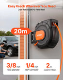 VEVOR automātiski uztinams gaisa šļūtenes rullis, 20 m × 9,5 mm PVC gaisa šļūtene, maks. spiediens 20,7 bar, slēgts gaisa kompresora šļūtenes rullis ar automātisko uztīšanu, 2 m pievades šļūtene, 180° grozāma sienas/griestu montāža garāžām un darbnīcām