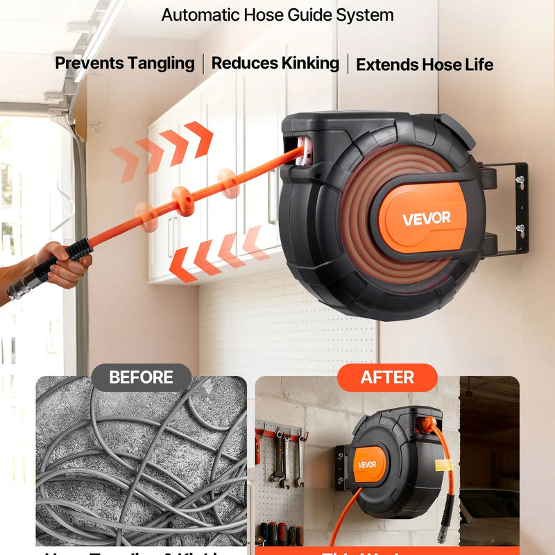 VEVOR automātiski uztinams gaisa šļūtenes rullis, 20 m × 9,5 mm PVC gaisa šļūtene, maks. spiediens 20,7 bar, slēgts gaisa kompresora šļūtenes rullis ar automātisko uztīšanu, 2 m pievades šļūtene, 180° grozāma sienas/griestu montāža garāžām un darbnīcām